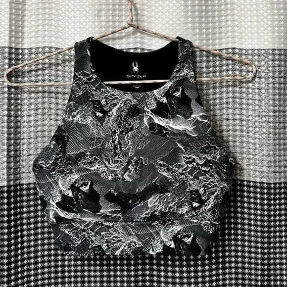 Spyder Womens High Neckline Gray White Marble Sports Bra - Picture 1 of 5
